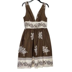 Lorraine B Women Floral Dress Sz 10 Brown V Neck Cotton Dress Lined